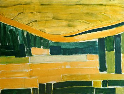 Abstract painting of yellow and green fields, thick brush strokes, thick lines, earthy tones, --ar 4:3