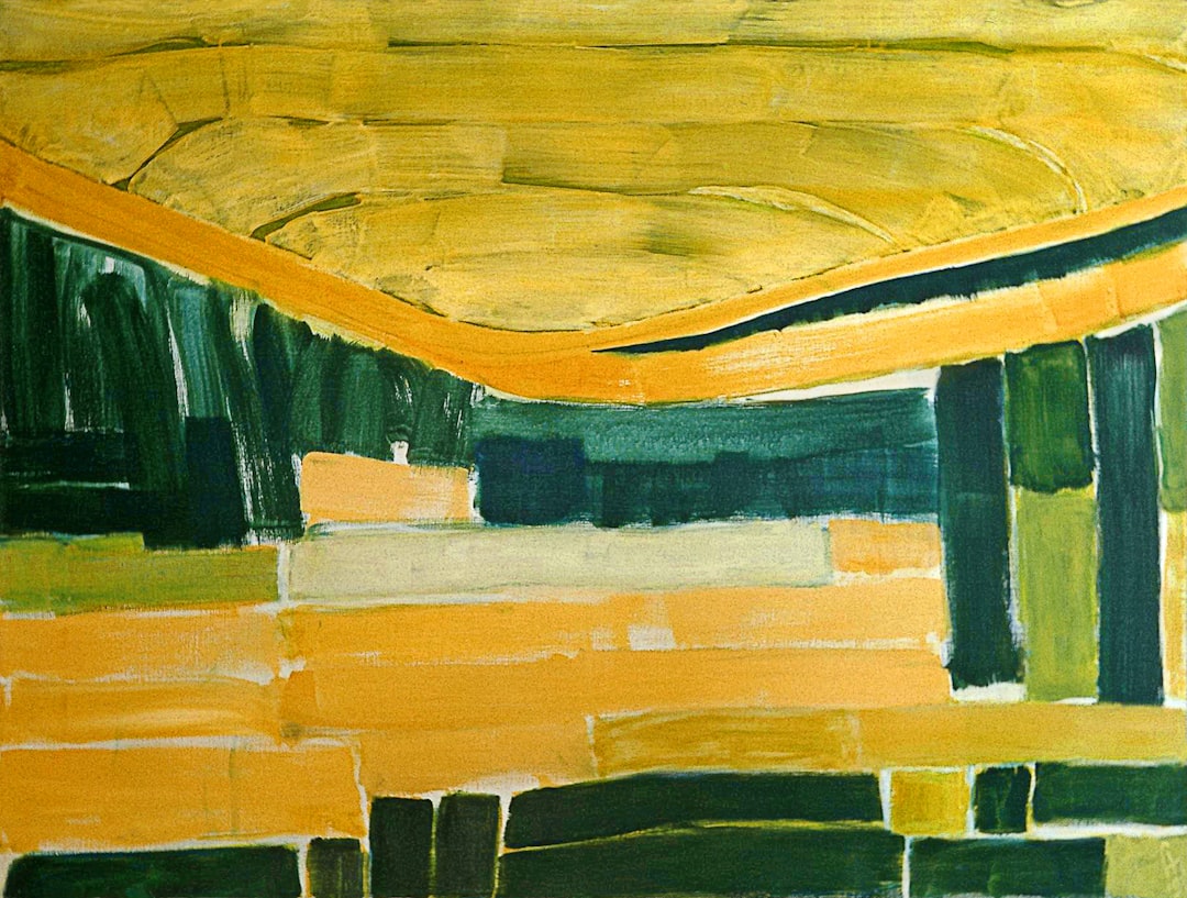 Abstract painting of yellow and green fields, thick brush strokes, thick lines, earthy tones, –ar 4:3