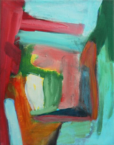 an abstract painting of an interior scene with red, green and blue tones, thick brush strokes, oil on canvas, 50s style --ar 25:32