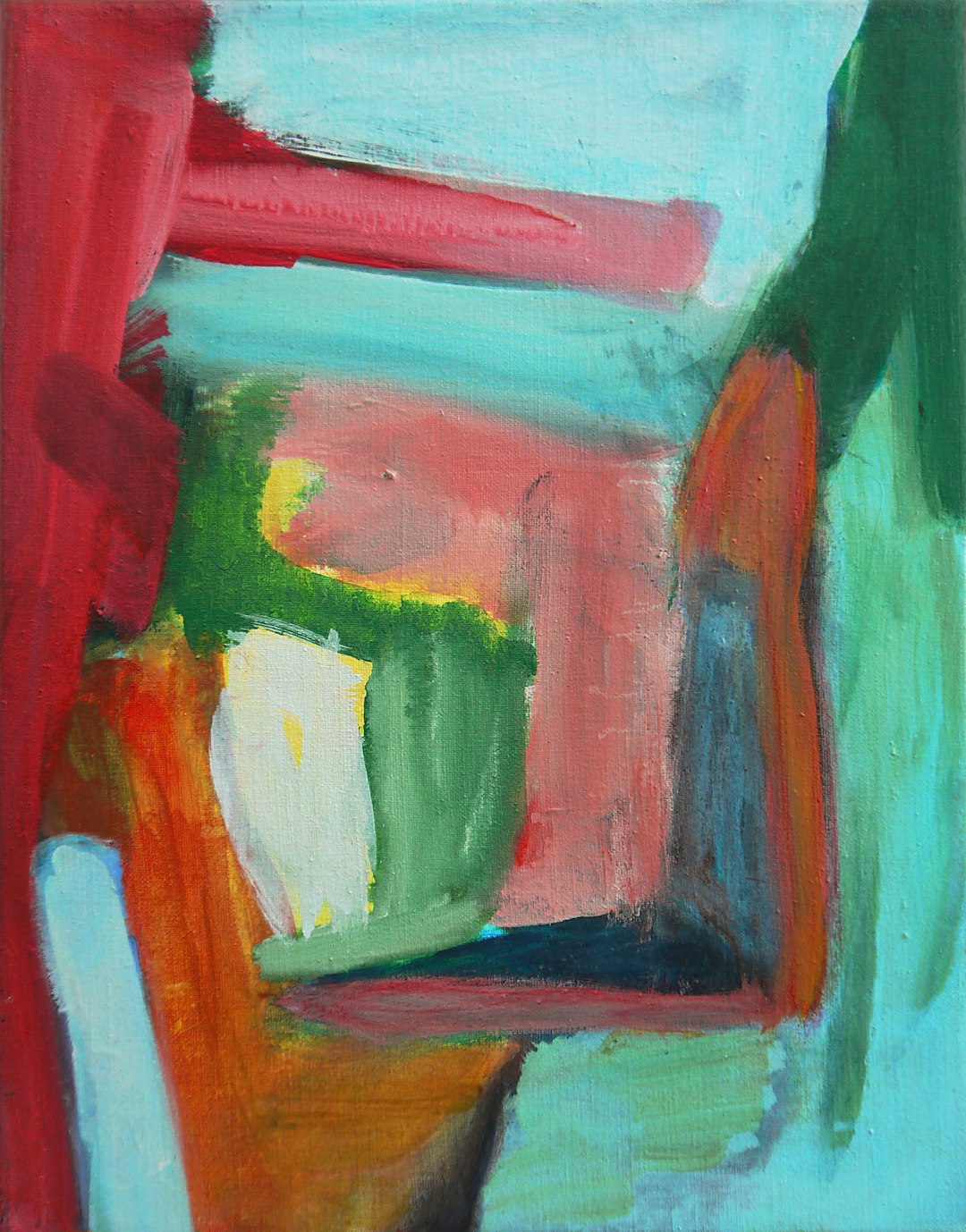 an abstract painting of an interior scene with red, green and blue tones, thick brush strokes, oil on canvas, 50s style –ar 25:32