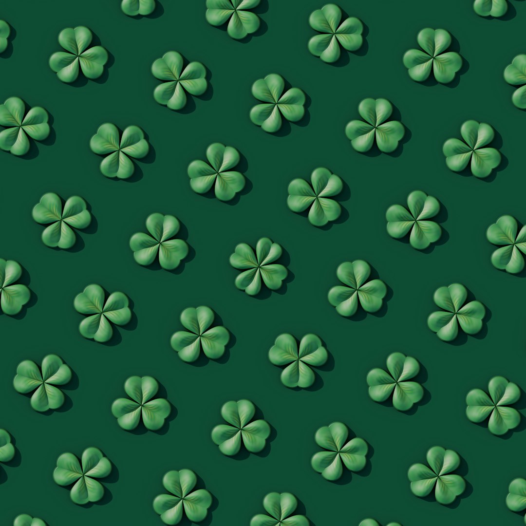 3D shamrock leaves seamless pattern on a dark green background in the style of a st patricks day theme, cute and dreamy digital art style.