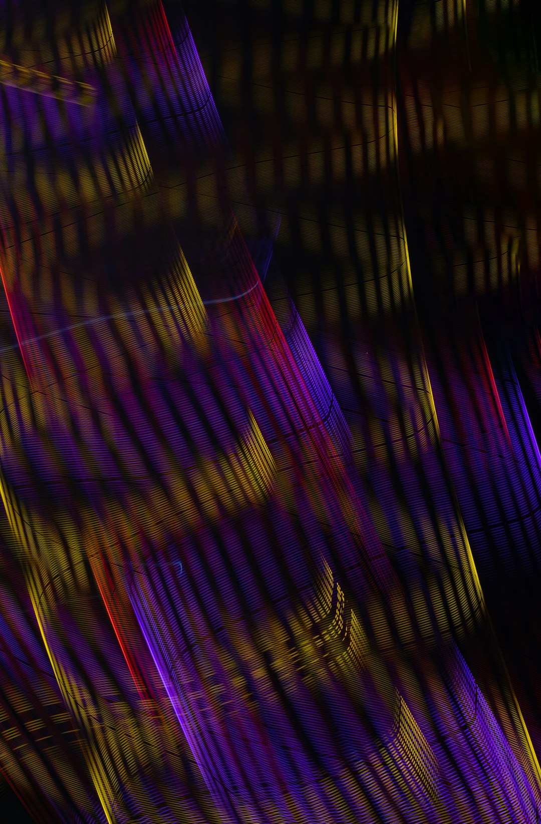 abstract digital art of lines and shapes in purple, yellow and red colors on a black background, blurry and distorted, with a grid pattern, in the style of hyperrealistic photography, hyperdetailed with sharp focus, in the style of hyperrealism, with cinematic lighting, depth of field effects, volumetric light, and high resolution. –ar 21:32