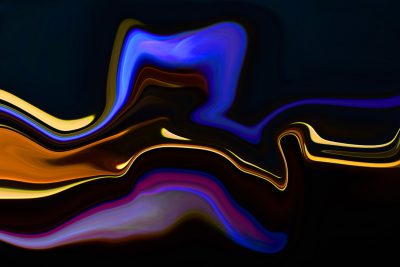 A dynamic digital art piece featuring fluid lines and shapes in deep blue, purple, orange, yellow, and black hues against an isolated background. The composition creates a sense of movement with the flowing forms and colors creating visual harmony. Highquality digital rendering for a modern and visually appealing artwork. ,a softly blurred large area of plain solid color in backgroun d, dark blackground --ar 128:85