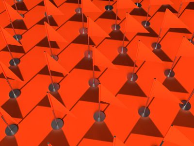 3d render of many orange flags with metal stands arranged in symmetrical geometric shapes on an empty background --ar 4:3