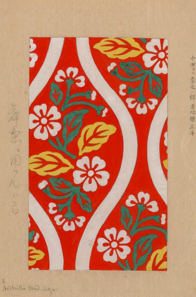 Red and white patterned paper with green, yellow and orange flowers, Japanese woodblock print of an Art Nouveau design in the shape of wavy lines on a red background with green leaves, in the style of [Gustav Klimt](https://goo.gl/search?artist%20Gustav%20Klimt), with simple details. --ar 21:32