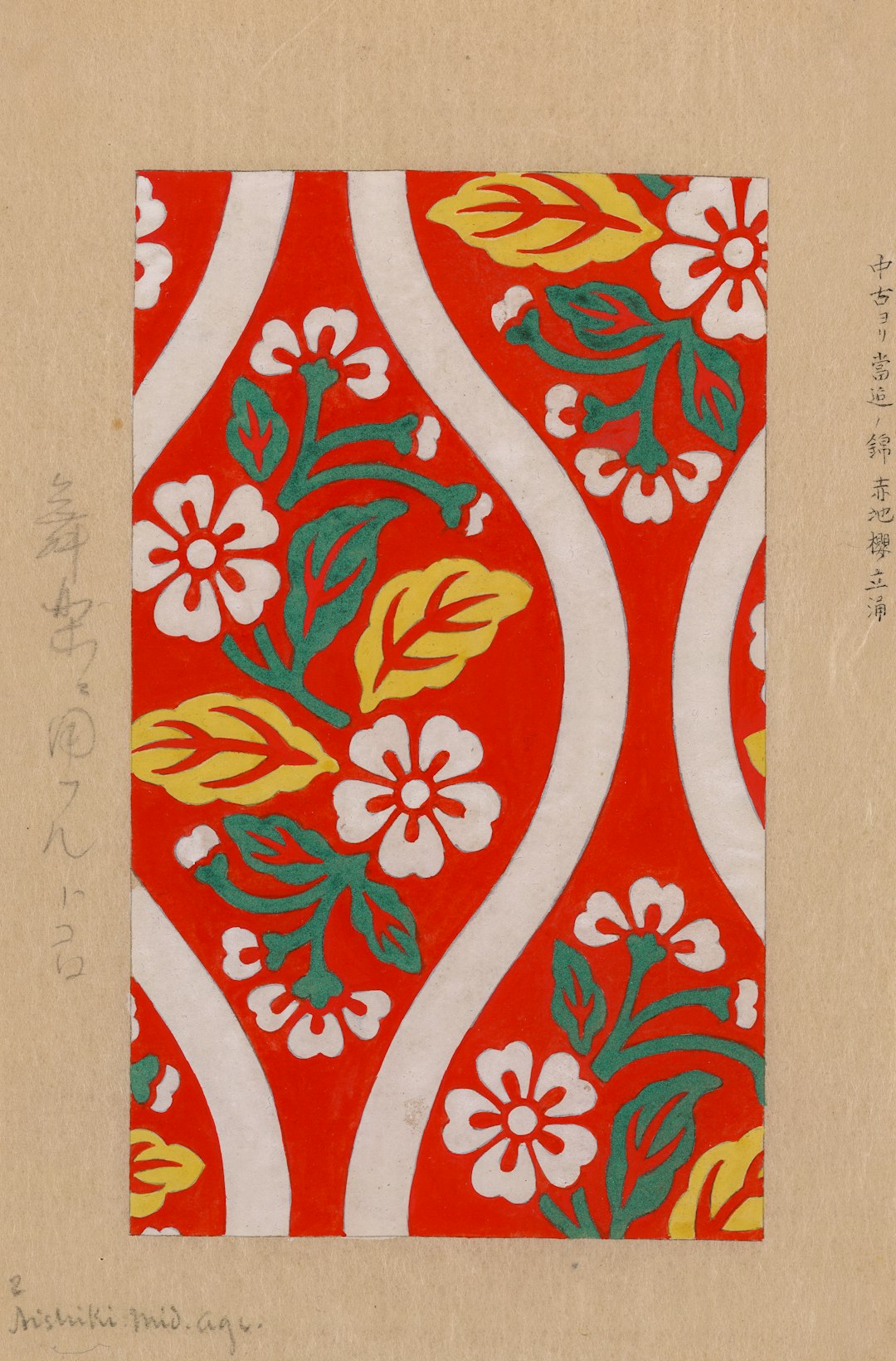 Red and white patterned paper with green, yellow and orange flowers, Japanese woodblock print of an Art Nouveau design in the shape of wavy lines on a red background with green leaves, in the style of [Gustav Klimt](https://goo.gl/search?artist%20Gustav%20Klimt), with simple details. –ar 21:32