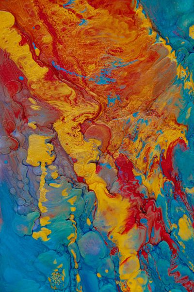 Abstract, vibrant colors of red and yellow on a blue background, detailed fluid acrylic painting in the style of lava flow, aerial view, closeup. --ar 85:128