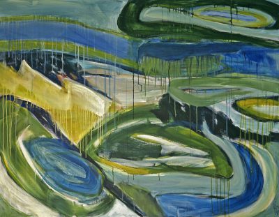 An oil painting of the grassy landscape at Thezza, "A complex, abstract composition with multiple layers and forms in shades of green, blue, yellow, white, and grey. It features winding rivers or streams that branch off into various directions like roads on an interactive map. In some areas there is lush vegetation, while others show signs of urban development or military equipment." in the style of "[Gustave Loiseau](https://goo.gl/search?artist%20Gustave%20Loiseau)". --ar 128:99