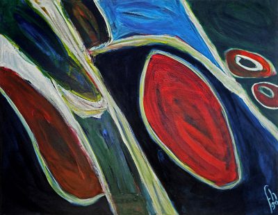 An abstract painting of an olive, dark blue and red color palette, in the style of [Wassily Kandinsky](https://goo.gl/search?artist%20Wassily%20Kandinsky), with white lines, the leaves have bold black outlines, organic shapes. --ar 128:99