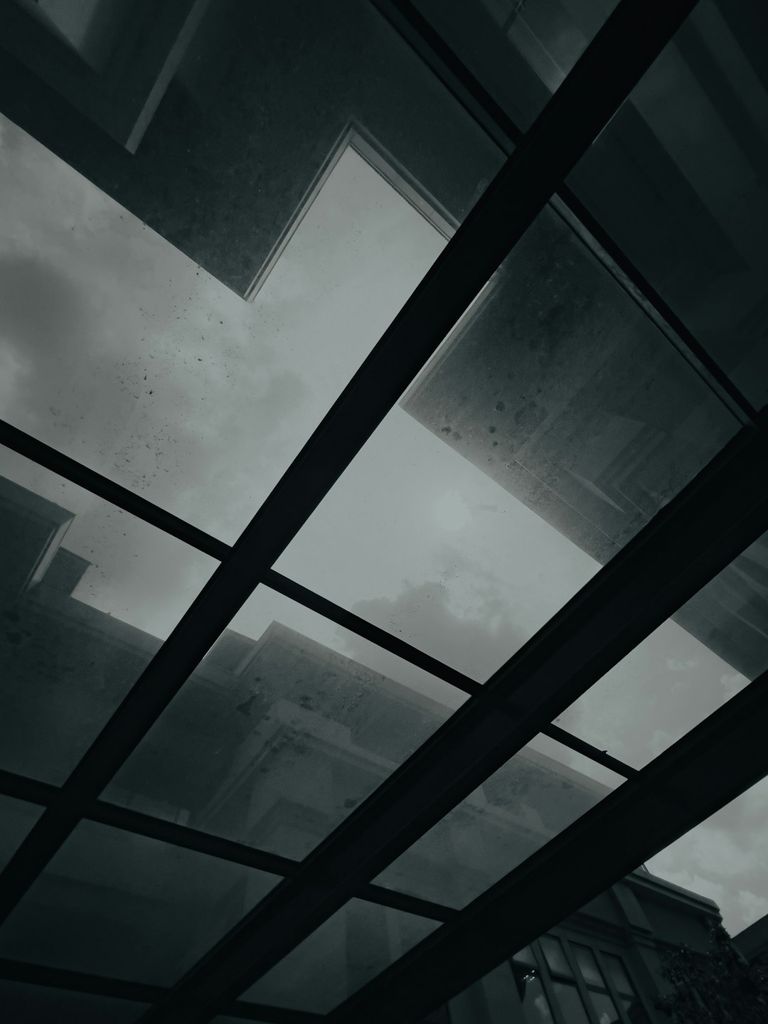 glass roof, gloomy sky, cloudy day, low angle shot, cinematic style, realism, dark tones, black and white in the style of dark tones –ar 3:4