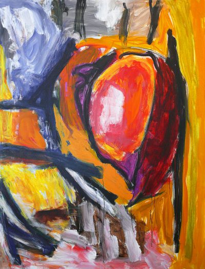 An abstract painting of an apple in the style of John sticking, with thick brush strokes, purple and yellow colors, orange reds, and black lines. --ar 97:128