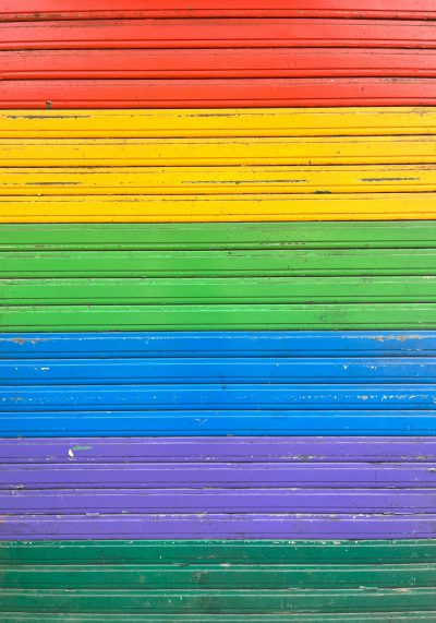 The rainbow flag is painted on the wooden slats of an old garage door, creating a colorful and vibrant background for Pride Month or Gay Pride Day. This pattern symbolizes diversity and inclusion in the style of cyberspace. --ar 89:128