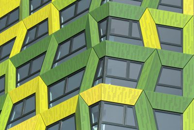 architectural rendering, geometric pattern of green and yellow metal panels on the facade of an office building in Copenhagen designed in the style of [Bjarke Ingels](https://goo.gl/search?artist%20Bjarke%20Ingels) Group, close up view --ar 64:43