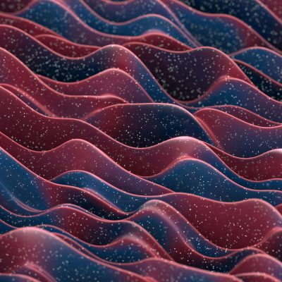 3d render of dark red and blue waves with white specks, close up