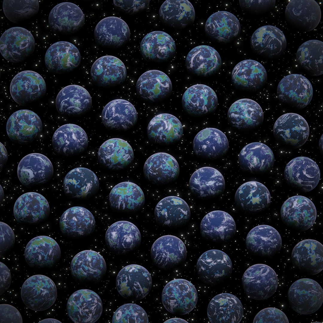 Create an seamless pattern of earth spheres with black background. The Earths should be arranged in rows, creating the appearance of a galaxy or universe sky filled by stars. Each Earth sphere is small and has blue green hues on its surface. This design would create a cosmic effect that could convey feelings like vastness, space travel, exploration, or science fiction. It might also evoke images of distant galaxies or celestial bodies such as nebulas or star clusters.