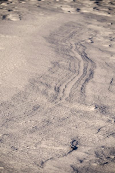 The texture of the snow, a little wind blows across it, leaving small lines in its tracks. The camera captures from above and looks down at a close range. It is very delicate, with details of snowflakes flying on top. Aerial photography showing a wide view of the snowy ground, with a light gray tone. High definition photography in the style of. Ultrahigh resolution. --ar 85:128