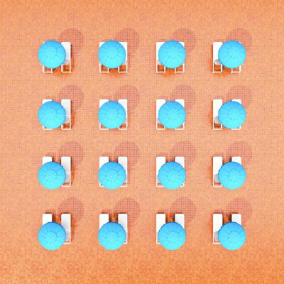 3d render of beach chairs and umbrellas arranged in rows on an orange background, top view, minimalistic, simple shapes, blue tones, symmetrical composition, high resolution