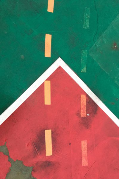 Top view of a red and green basketball court in the style of minimalism, with paint texture details, in a photo realistic close up flat lay shot, in the style of David Burell. --ar 85:128