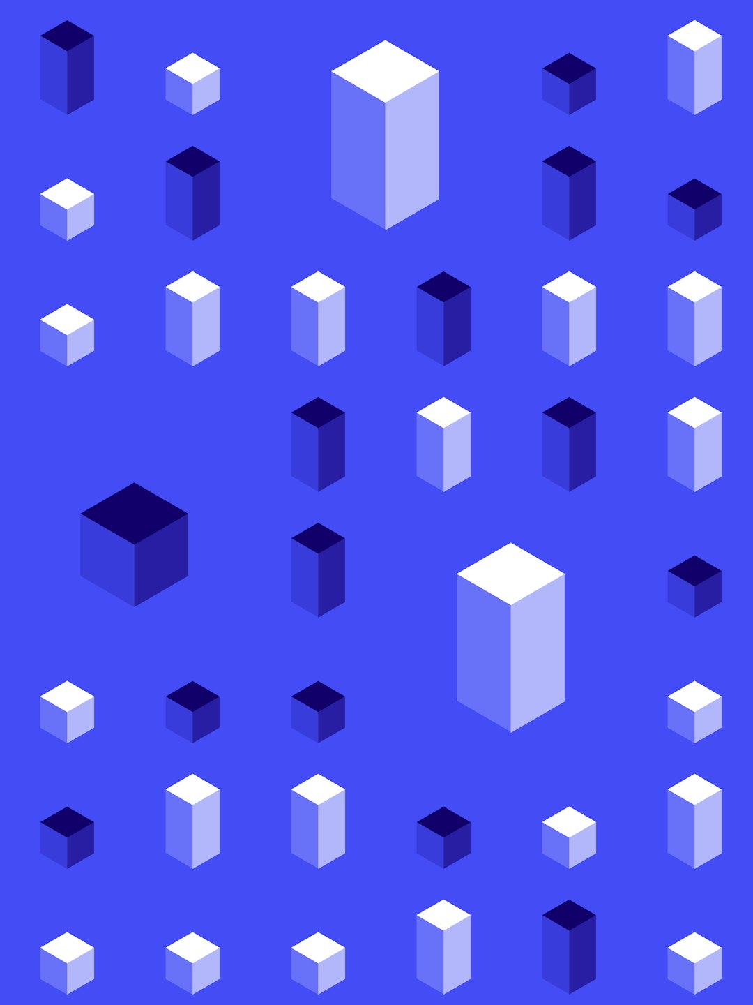 isometric pattern of cubes on a blue background, in a simple vector art style using white and dark purple colors, a minimalistic design featuring flat illustration with geometric shapes, digital art –ar 3:4