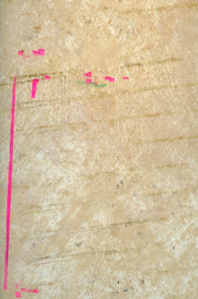 a beige background with pink and green lines, a texture of an old paper with marks on it, a drawing in the upper left corner, a slightly worn look --ar 21:32