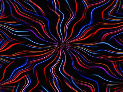 abstract background with colorful lines in the center, dark blue and red colors, symmetrical pattern, black background, psychedelic style in the style of vector illustration, detailed texture of light streaks, symmetrical --ar 4:3