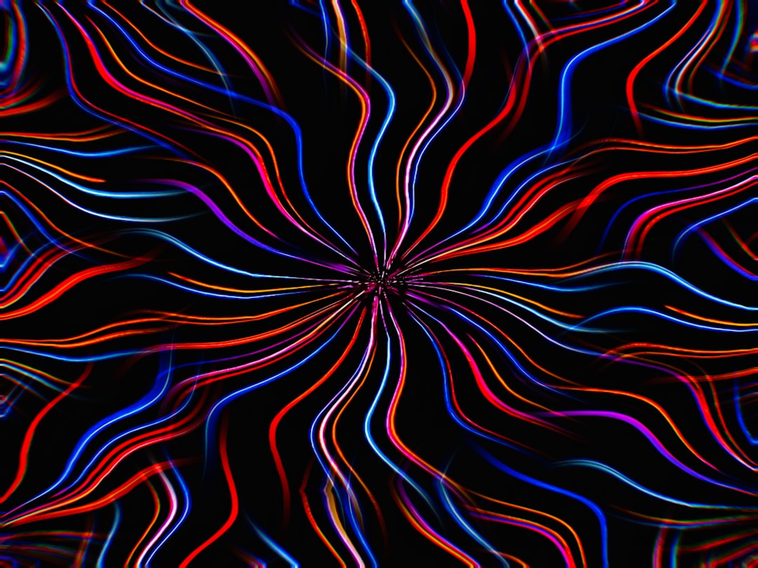 abstract background with colorful lines in the center, dark blue and red colors, symmetrical pattern, black background, psychedelic style in the style of vector illustration, detailed texture of light streaks, symmetrical –ar 4:3