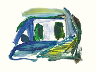 abstract green, blue and yellow brushstrokes on a white background depict an old van driving through the countryside in the style of [Henri Matisse](https://goo.gl/search?artist%20Henri%20Matisse). The simple sketch has a minimalist composition with no text or letters in the picture and white space. There are no shadows in the oil painting, which features green trees in the foreground and dark green grassy fields in the middle ground with a light blue river flowing behind the car. --ar 4:3