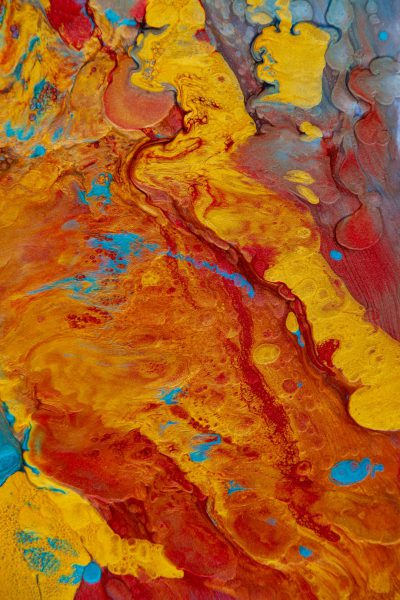 Abstract painting of the red rock desert, orange and yellow with blue details, fluid art, top view --ar 85:128