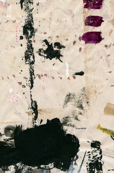 A collage of paint splashes and ink marks on the paper, creating an abstract composition with a mix of black, white, and beige tones. The background is a textured cream-colored surface with visible threads or fibers running through it, adding depth to the artwork. In some areas there are also purple, green, and pink color splatters, giving each element its own unique character in this mixed media piece in the style of various artists. --ar 21:32