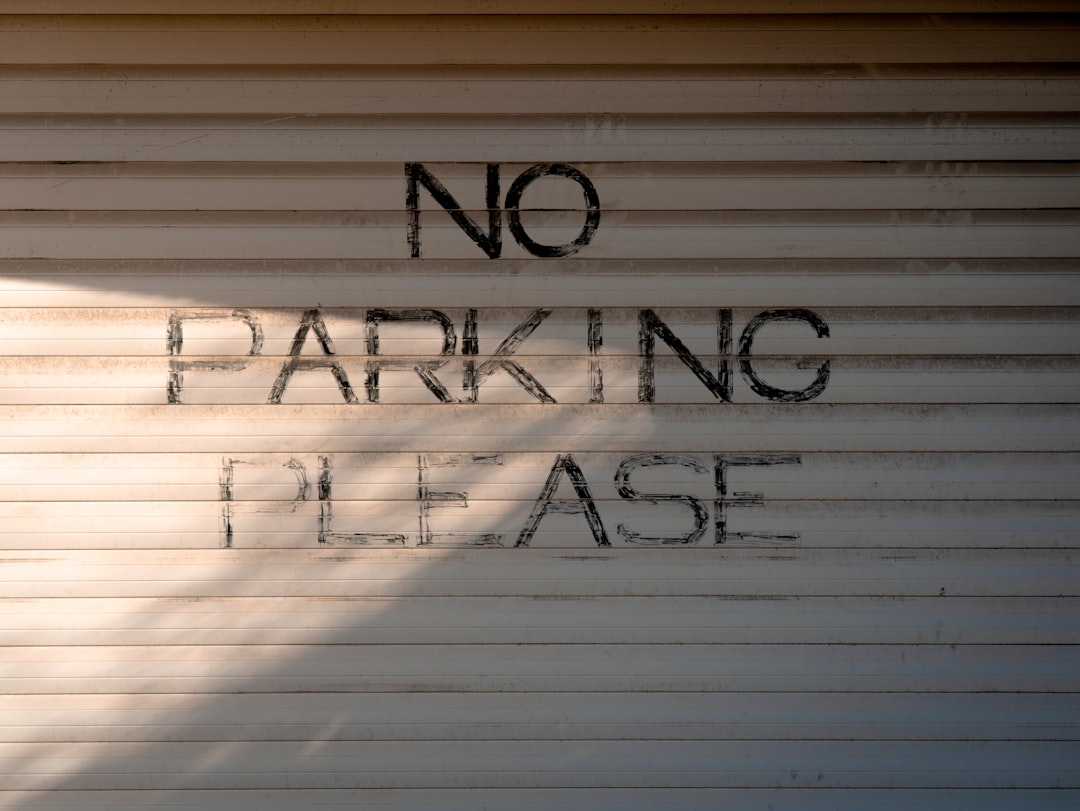 A photo of the text “NO parking please” written on a white garage door in daylight with shadows. –ar 4:3