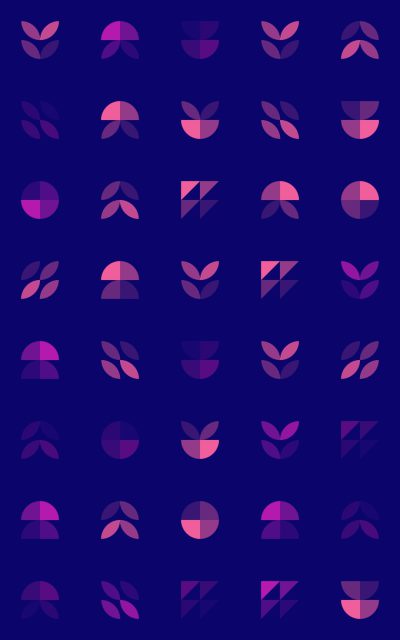 minimalist purple and pink geometric pattern with simple shapes of leaves, petals, circles and triangles blending together on a dark blue background. --ar 5:8