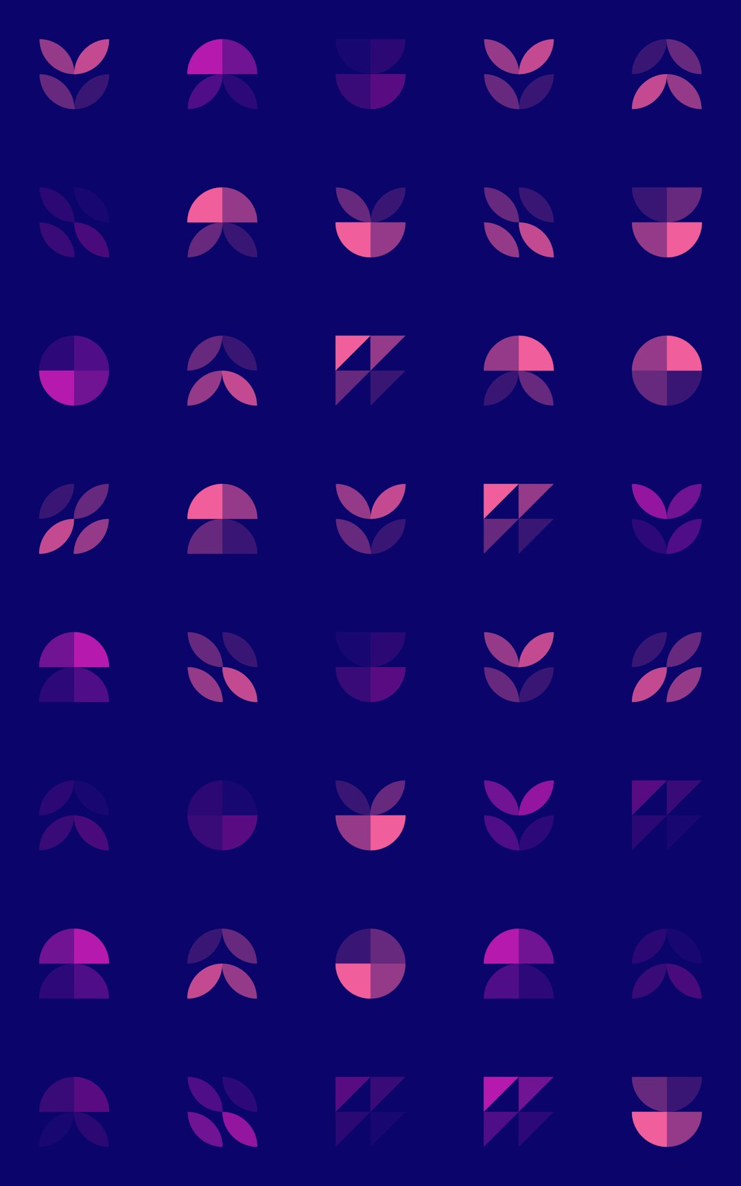 minimalist purple and pink geometric pattern with simple shapes of leaves, petals, circles and triangles blending together on a dark blue background. –ar 5:8