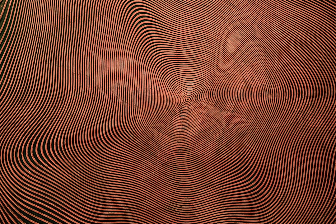 A photograph of an intricate pattern made from red lines on copper, creating the illusion that they form circular shapes in front and back view. The background is solid black to highlight the detailed texture of each line, creating a visually captivating effect. –ar 128:85