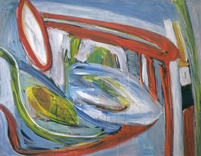 Gutai style painting of abstract car shapes in red, white, green and blue colors, with thick brush strokes. --ar 128:99