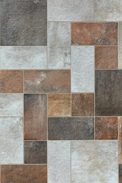 create an image of modern and contemporary terracotta, brown, grey, white and cream color floor tiles with natural stone texture in rectangular shape --ar 85:128