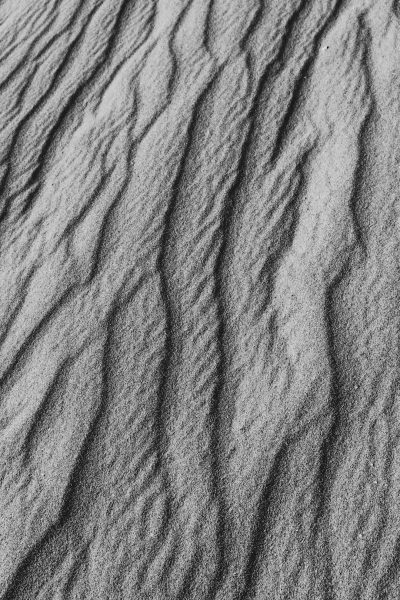 Black and white photo of sand ripples, texture, grainy, high contrast, macro photography of desert dunes, natural pattern. --ar 85:128