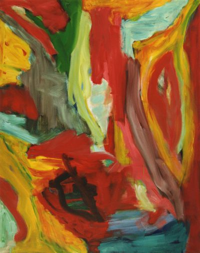 A painting of an abstract red, green and yellow landscape in the style of [Henri Matisse](https://goo.gl/search?artist%20Henri%20Matisse), oil on canvas, with brush strokes, vibrant colors, strong lighting and shadows, creating depth and texture, emphasizing the boldness of color in a dynamic composition. The background is blurred to focus attention on vivid hues, with swirling shapes suggesting movement and energy. In between them there's one person sitting down looking at his phone, it feels lonely. It was painted in Paris in 2036. --ar 101:128