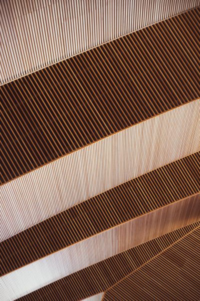 The ceiling of the concert hall is made from wood slats, each one featuring thin lines and slightly overlapping to create an abstract pattern that adds depth and texture to the space. The light wooden tones harmonize with other interior design elements. Photo taken in the style of Kodak Portra Pro film using a Sony Alpha A7 III camera. --ar 85:128