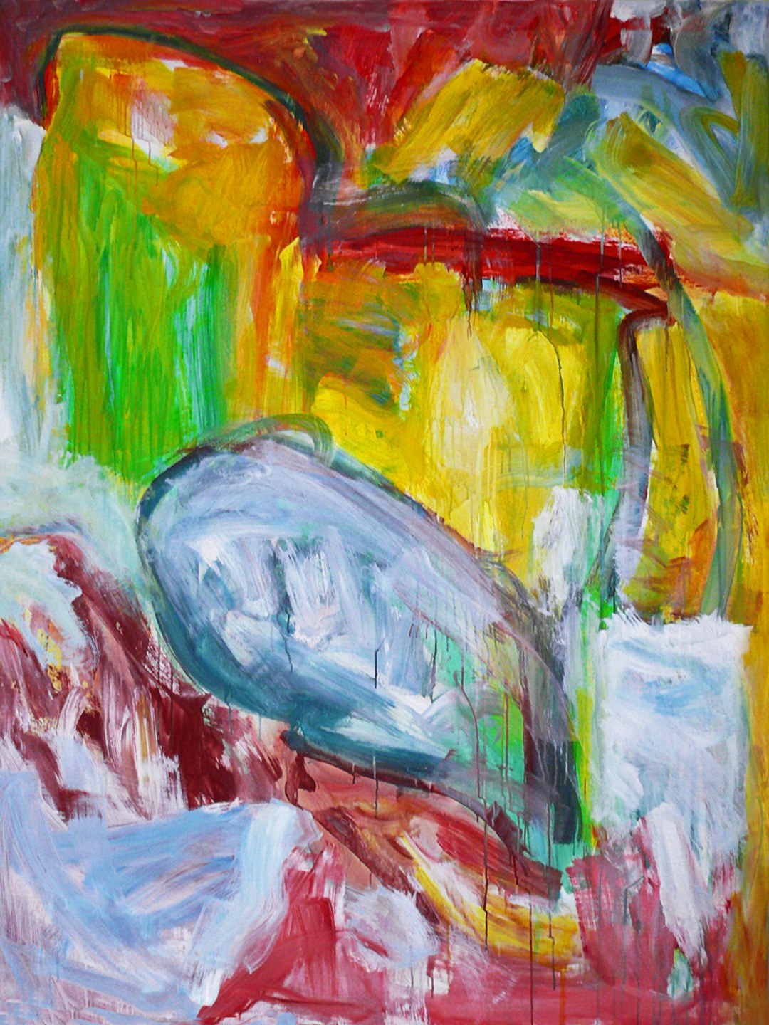 An abstract painting of an oyster in the style of [Frank Auerbach](https://goo.gl/search?artist%20Frank%20Auerbach) and in the style of [Frank Kozik](https://goo.gl/search?artist%20Frank%20Kozik), with a red yellow green blue palette and heavy brush strokes. –ar 3:4