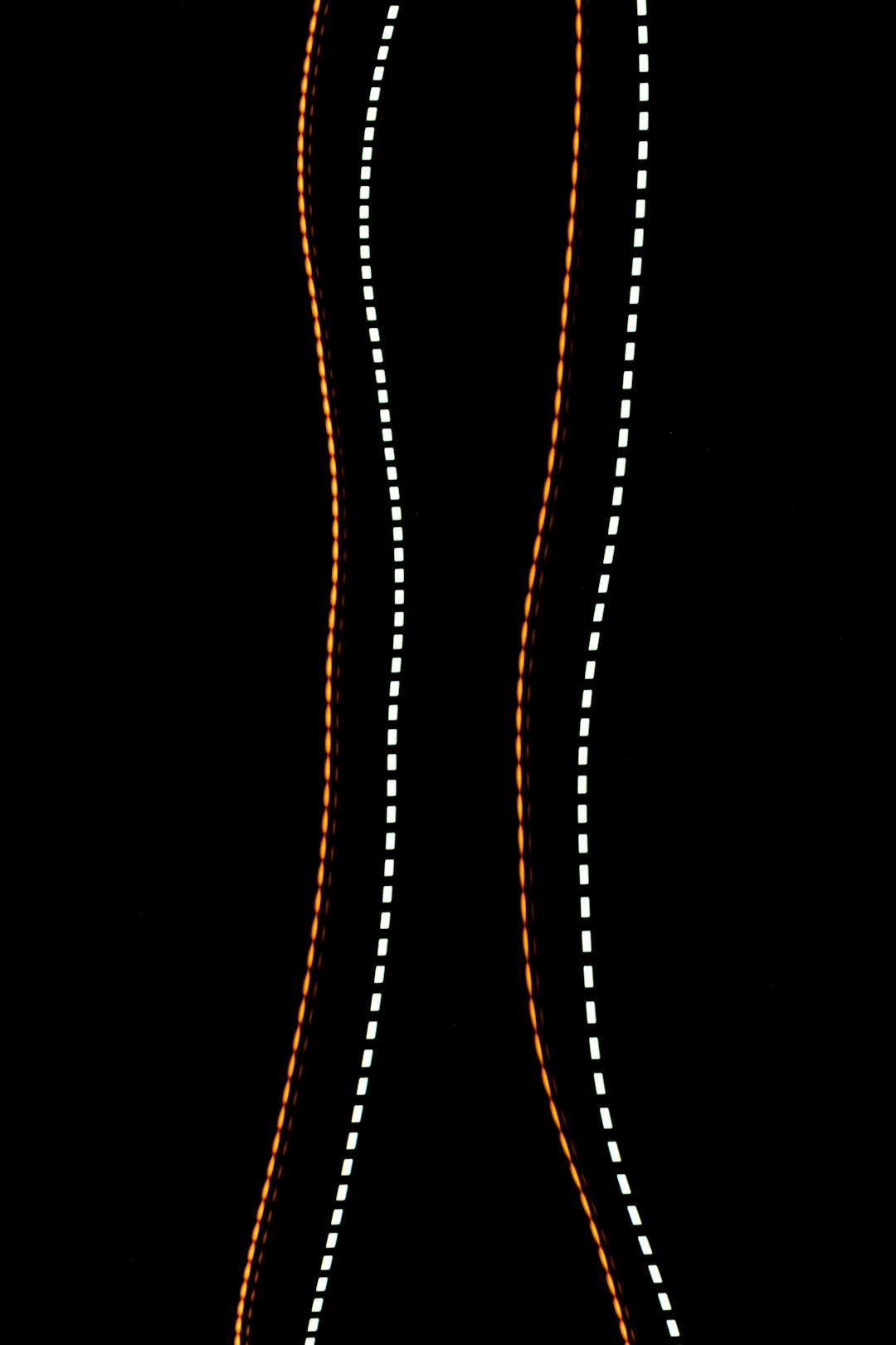 White dotted lines on black background, orange and white color scheme, three rows of vertical linear lighted stripes, female curves, body shape –ar 85:128