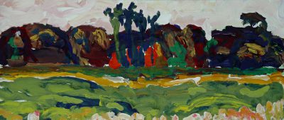 Abstract landscape, trees and green fields, in the style of [Zinaida Serebriakova](https://goo.gl/search?artist%20Zinaida%20Serebriakova), oil painting on canvas, thick brush strokes, palette knife, red blue green brown colors, trees in the background. --ar 64:27