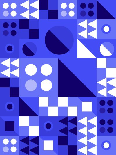 A blue and white geometric pattern background with simple shapes, including circles, triangles, squares, dots, lines, and curved elements. The minimalistic yet colorful design is perfect for creating an eye-catching poster or banner in the style of focus on face character. --ar 3:4