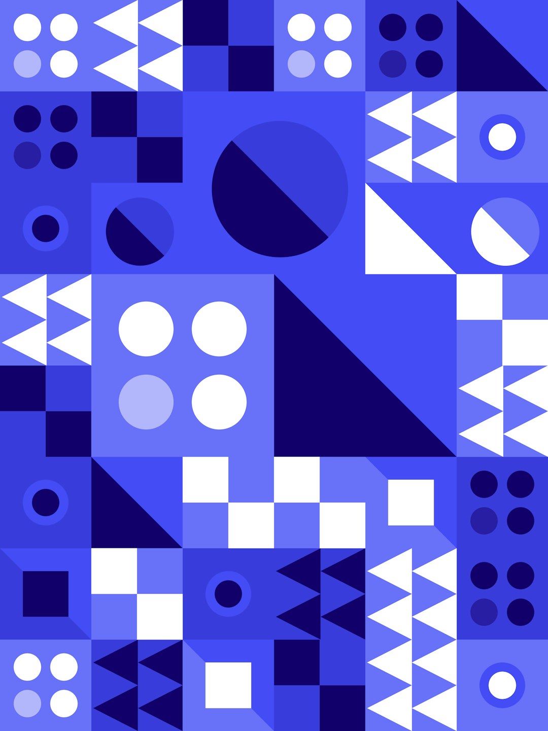 A blue and white geometric pattern background with simple shapes, including circles, triangles, squares, dots, lines, and curved elements. The minimalistic yet colorful design is perfect for creating an eye-catching poster or banner in the style of focus on face character. –ar 3:4