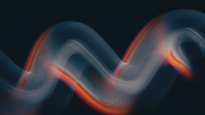 A blurred background of an abstract wavy orange and blue gradient, with the main focus on a smooth curve that resembles smoke or fog against a dark backdrop. The colors blend seamlessly from warm oranges to cool blues, creating depth in motion. This artistic representation captures movement while maintaining simplicity for easy financial themes. The artwork is in the style of abstract expressionism with blended colors and a focus on one smooth curved line resembling smoke or fog against a dark backdrop. --ar 16:9