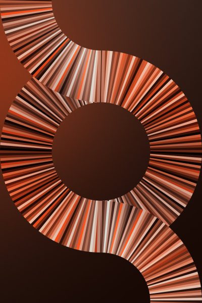 A vertical AI illustration of an orange and brown striped spiral, designed to represent the concept of balance in harmony with nature on dark background, creating visual depth. The artwork is created using vector graphics techniques, adding a modern aesthetic to your design project. This image can be used for graphic or web designs that focus on color contrast and visual impact. --ar 85:128