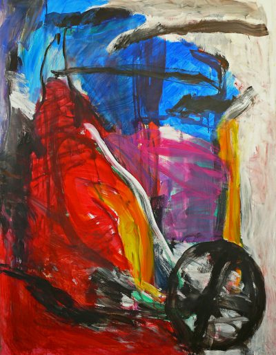 A vibrant abstract expressionist painting of the lawn mower, with bold brush strokes and bright colors that convey emotions like joy or anger, focusing on the subject. --ar 99:128