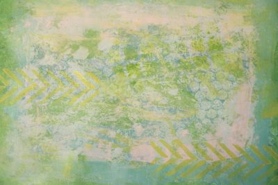 a soft, gentle, dreamy background with a chevron pattern in light green and yellow. The painting has an abstract feel to it with a palette of greens, blues, pinks, yellows, and white. There is lots of negative space throughout the artwork. --ar 128:85