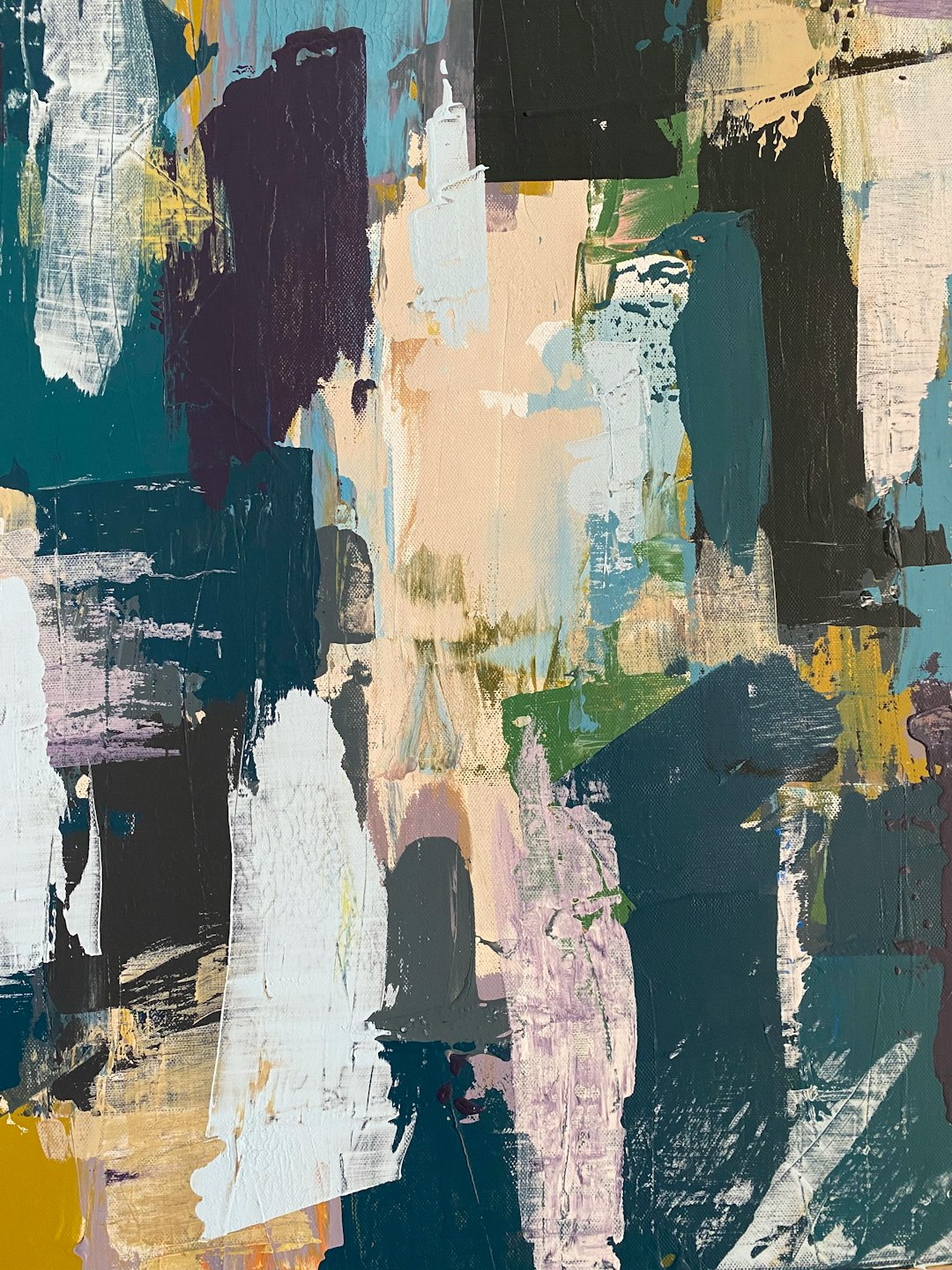 An abstract painting of mixed media with brushstrokes, palette knife and oil paint, various shades of teal, beige, purple, gray, green, white, brown, navy blue, yellow, black, and off-white colors. The background is filled with soft shapes and textures that give it an organic feel. In the center there is a silhouette in dark tones, and around him there are some color and texture in light pastel hues. It seems to be inspired in the style of cubism and expressionist art styles. –ar 3:4
