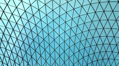 A geometric pattern of black lines on blue sky background, designed by architect [Jean Nouvel](https://goo.gl/search?artist%20Jean%20Nouvel) in the B.outside glass dome museum at The British Museum. High resolution photography --ar 16:9