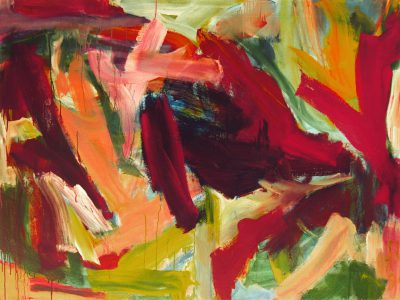 An abstract expressionist painting of red, green and yellow colors in an energetic dance, with thick brush strokes and bold shapes conveying emotional intensity and energy, in the style of an abstract expressionist artist. --ar 4:3